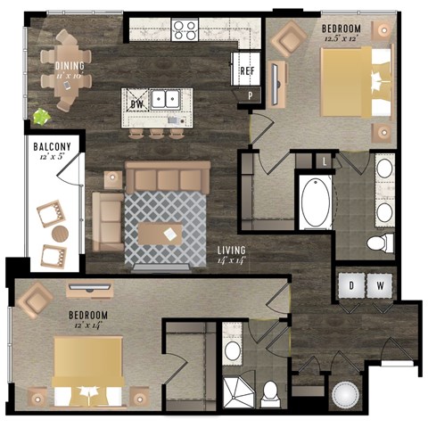 A floor plan of a house with a balcony, two bedrooms, a living room, a dining room, a kitchen, and a reference room.